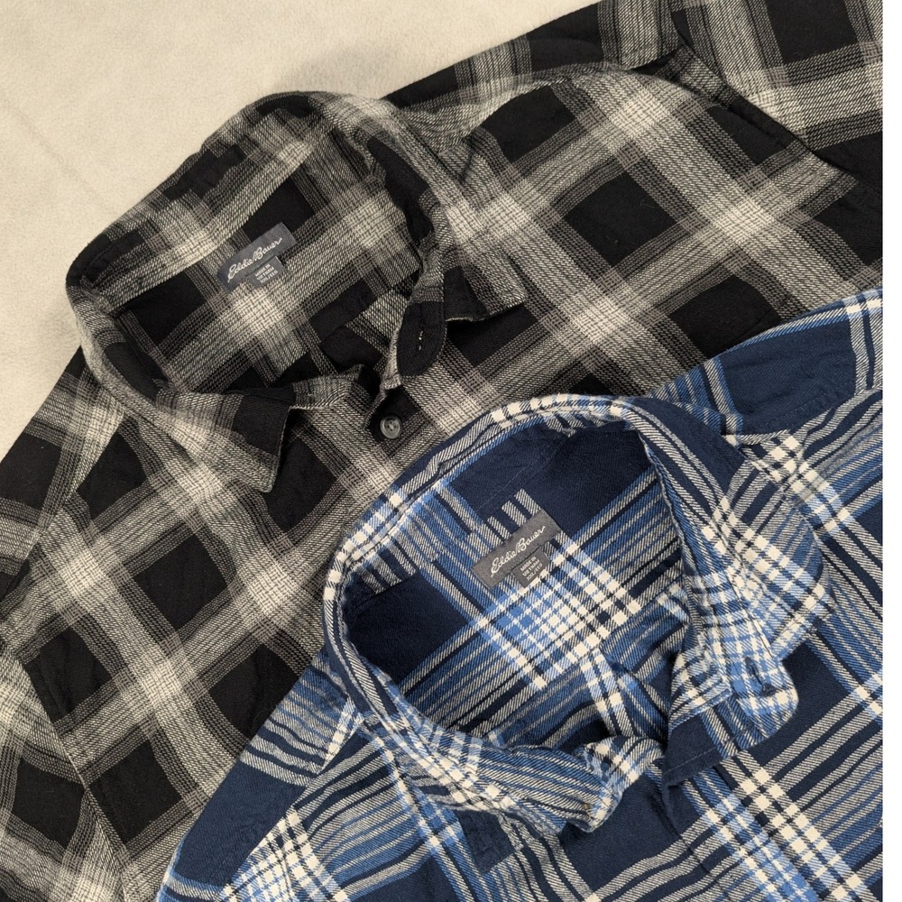 Lot of 2 Eddie Bauer Mens Plaid Flannel Button Down Shirt XXL Blue Black Cotton